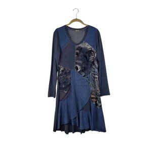 Dolcezza Wearable Art Long Sleeve Asymmetrical Hem Dress Blue Womens XL